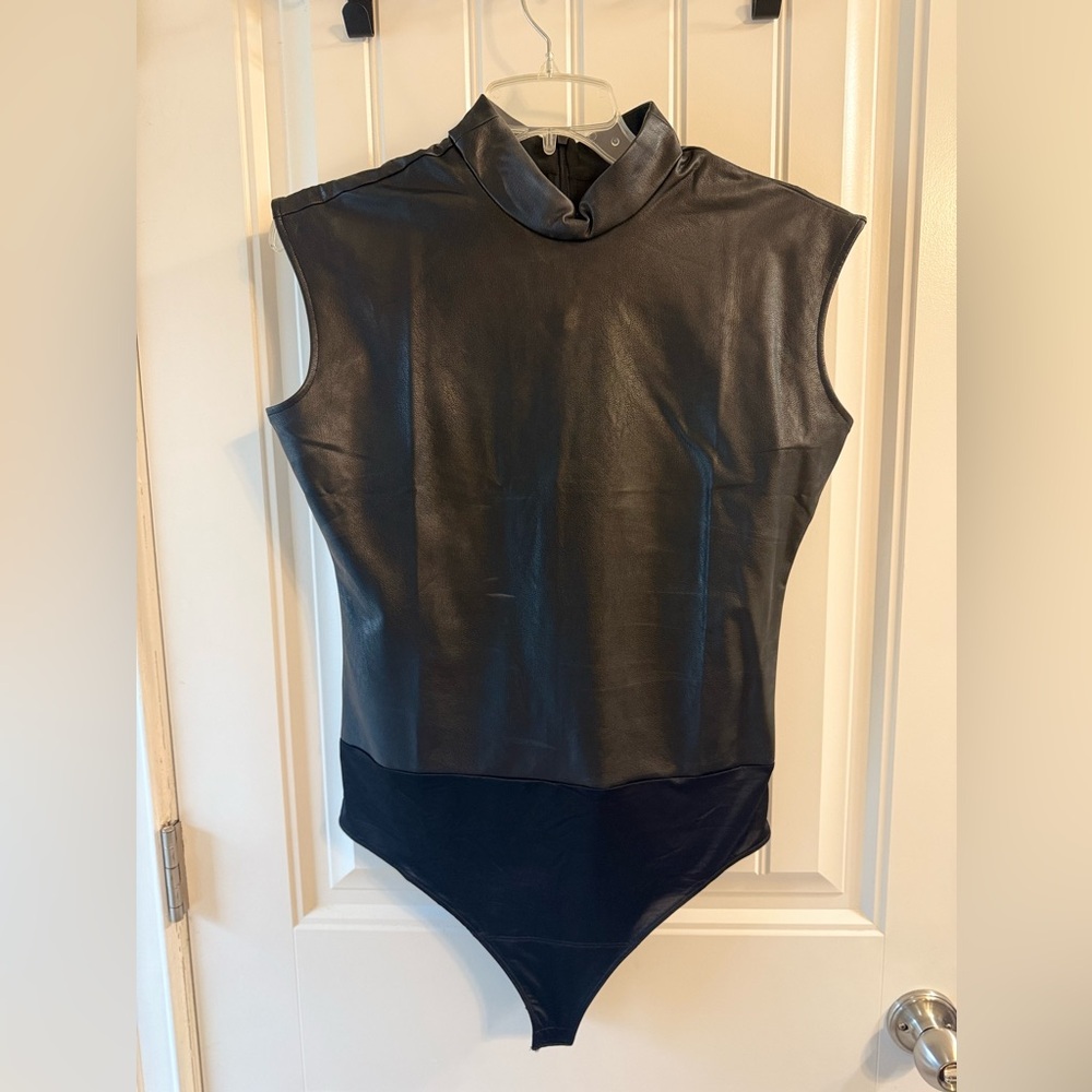 SPANX Black Sleeveless Leather-Like Mock Neck Bodysuit